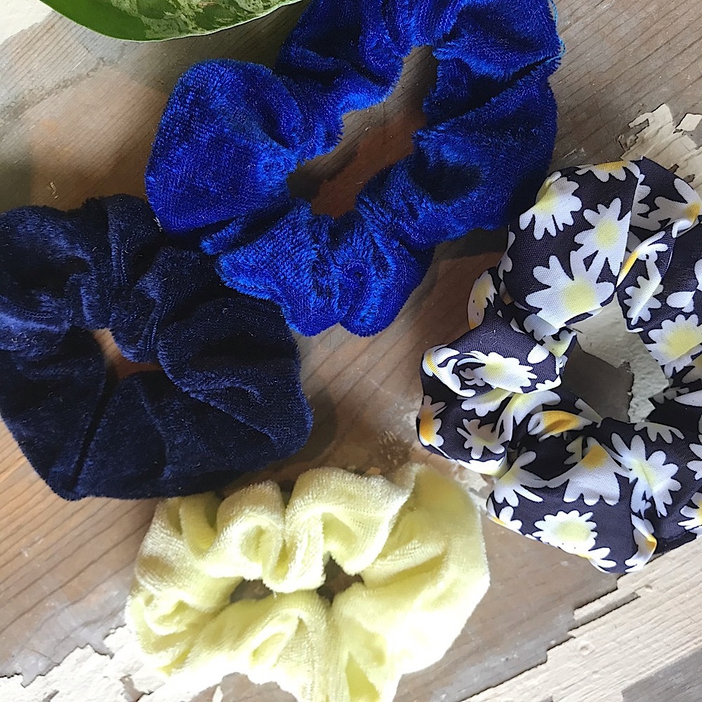 4 blue and yellow scrunchies